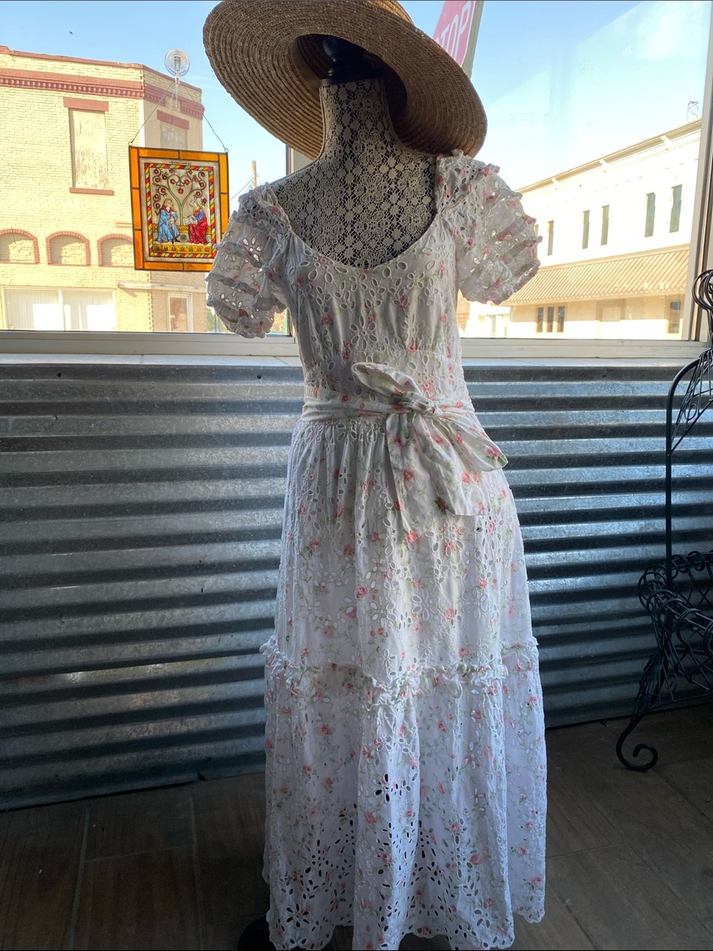 LoveShackFancy White Maxi Dress with Pink Floral Embroidery - Picture 1 of 5